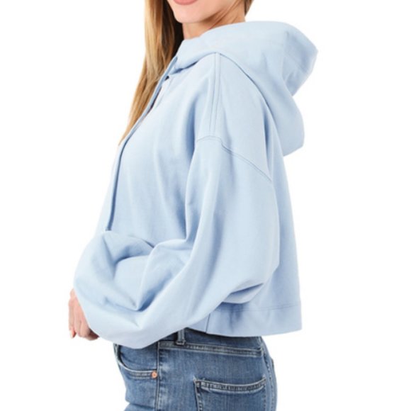 ASH BLUE FRENCH TERRY DROP SHOULDER CROPPED HOODIE - Picture 1 of 3